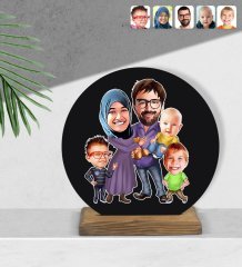 Kişiye Özel Aile Karikatürlü Yuvarlak Ahşap Biblo-8