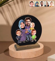 Kişiye Özel Aile Karikatürlü Yuvarlak Ahşap Biblo-8