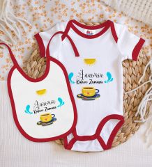 BK Kids Annemin Kahve Zamanı Tasarımlı Kırmızı Bebek Body Zıbın ve Mama Önlüğü Hediye Seti-1
