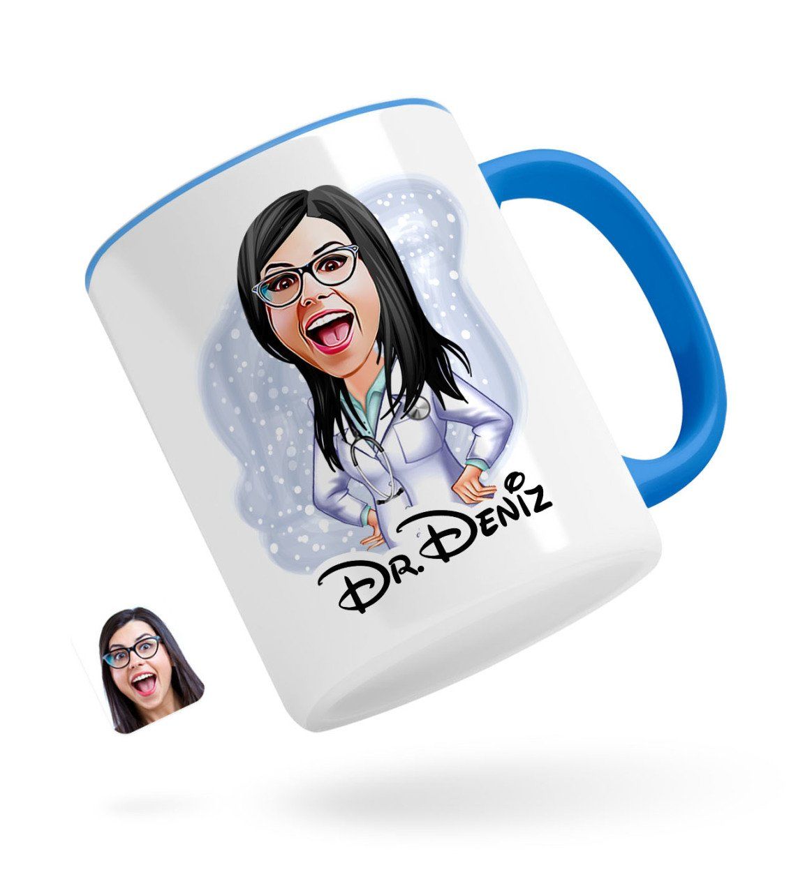 Kişiye Özel Kadın Doktor Karikatürlü Mavi Kupa Bardak-1