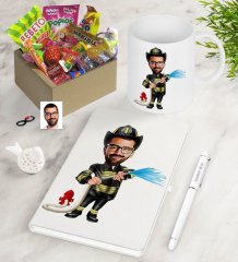 Kişiye Özel Bay İtfaiye Memuru Karikatürlü Nostaljik Lezzetler Defter Kalem Kupa Hediye Seti