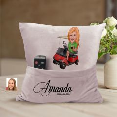 BK Gift Kişiye Özel Golf Oyuncusu Karikatür Tasarımlı Organizer Kumanda ve Atıştırmalık Cepli Pembe Kırlent Yastık-1 Arkadaşa Hediye, Cepli Yastık