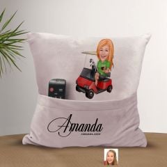 BK Gift Kişiye Özel Golf Oyuncusu Karikatür Tasarımlı Organizer Kumanda ve Atıştırmalık Cepli Pembe Kırlent Yastık-1 Arkadaşa Hediye, Cepli Yastık