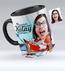 Kişiye Özel Bayan Bankacı Karikatürlü Siyah Kupa Bardak - 1