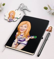 Kişiye Özel Bayan Karikatürlü Siyah Defter Kalem Ve Anahtarlık Hediye Seti-36