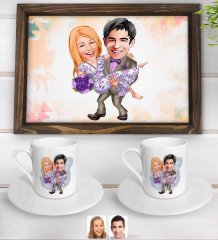 Kişiye Özel Sevgililer Karikatürlü Doğal Ahşap Tepsi ve 2’li Kahve Fincan Seti-56