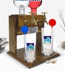 Kişiye Özel Renkli Baskılı Balıkesir Tasarımlı Turistik İkili Vodka Bardağı ve Çift Musluklu Doğal Ahşap Vodka Standı-1