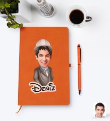 Kişiye Özel Erkek Mühendis Karikatürlü Turuncu Termo Deri Defter Kalem Seti Model 1