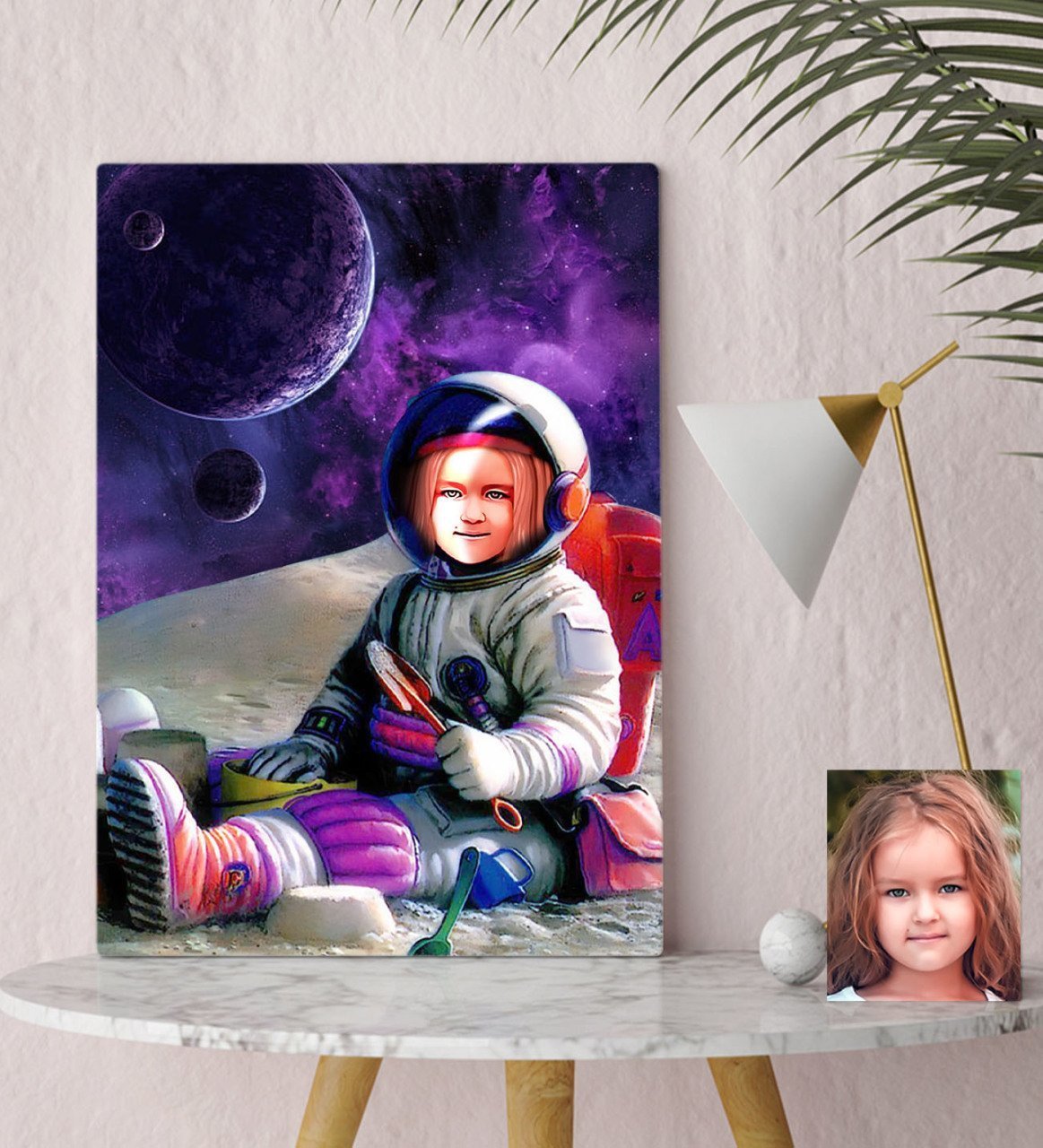 Kişiye Özel Astronot Kız Çocuk Karikatürlü Kanvas Tablo 30x50cm-1
