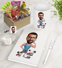 Kişiye Özel Bay Fitness Antrenörü Karikatürlü Nostaljik Lezzetler Defter Kalem Kupa Hediye Seti