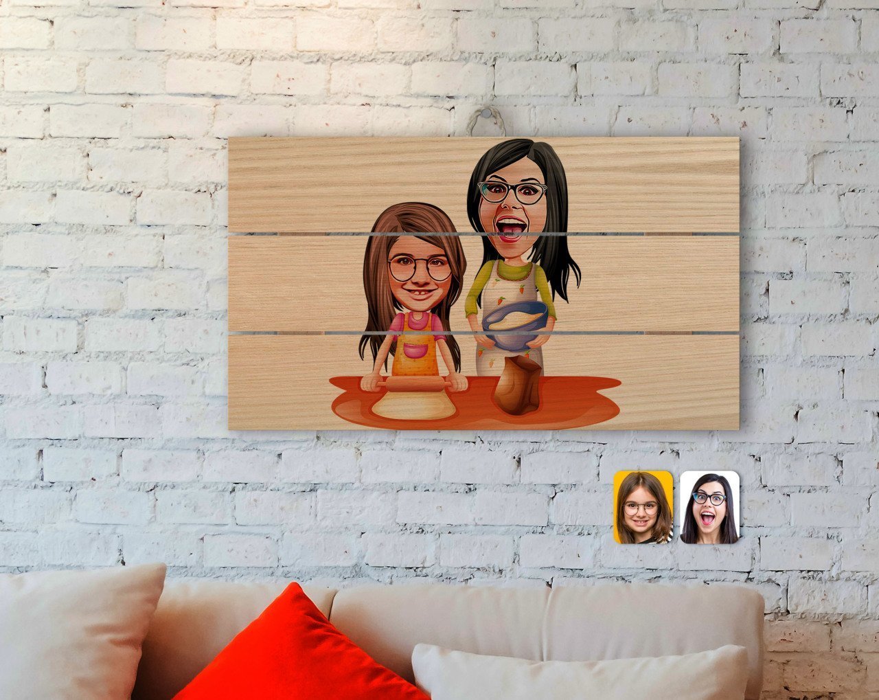 Kişiye Özel Anne Kız Karikatürlü Otantik Ahşap Palet Tablo-2