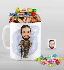 Kişiye Özel Asker Karikatürlü Kupa ve Haribo Fruitbons Şeker Hediye Seti-2