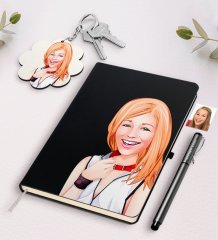Kişiye Özel Bayan Karikatürlü Siyah Defter Kalem Ve Anahtarlık Hediye Seti-35