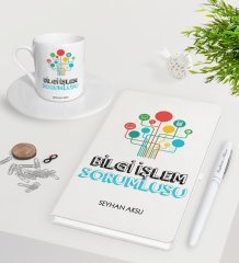 Kişiye Özel Bilgi İşlem Sorumlusu Beyaz Defter Kalem Türk Kahvesi Fincanı Seti