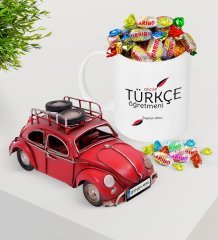 Kişiye Özel Türkçe Öğretmeni Plakalı Nostaljik Kırmızı Metal Vosvos ve Kupa Haribo Şeker Seti-2