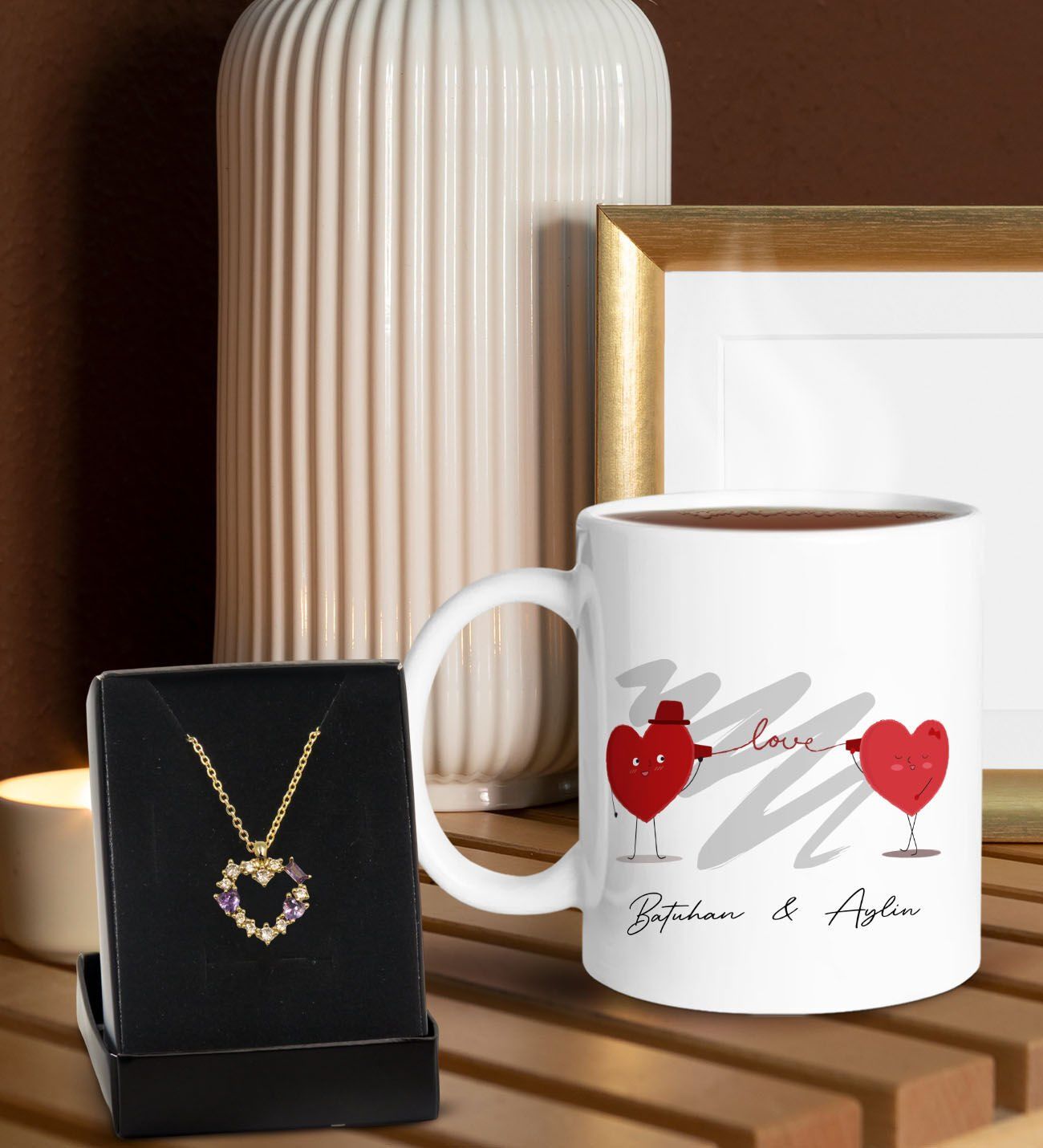 BK Gift Kişiye Özel Kupa ve Zirkon Taşlı Kalp Kolye-6, Sevgiliye Hediye, Doğum Günü Hediyesi, Yıl Dönümü Hediyesi