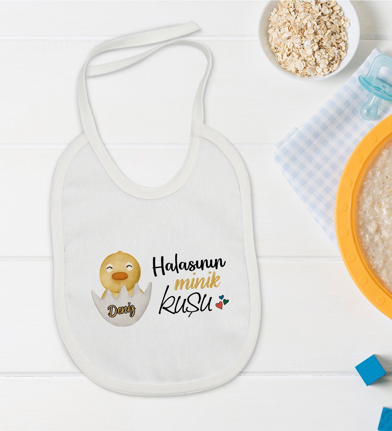 BK Kids Kişiye Özel Halasının Minik Kuşu Tasarımlı Bebek Mama Önlüğü - Model 1