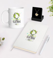 Kişiye Özel En İyi Sınıf Öğretmeni Beyaz Kupa Defter Kalem ve İsimli Papatya Kolye Hediye Seti-3