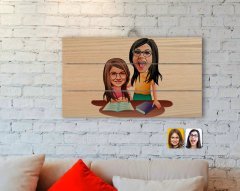 Kişiye Özel Anne Kız Karikatürlü Otantik Ahşap Palet Tablo-1