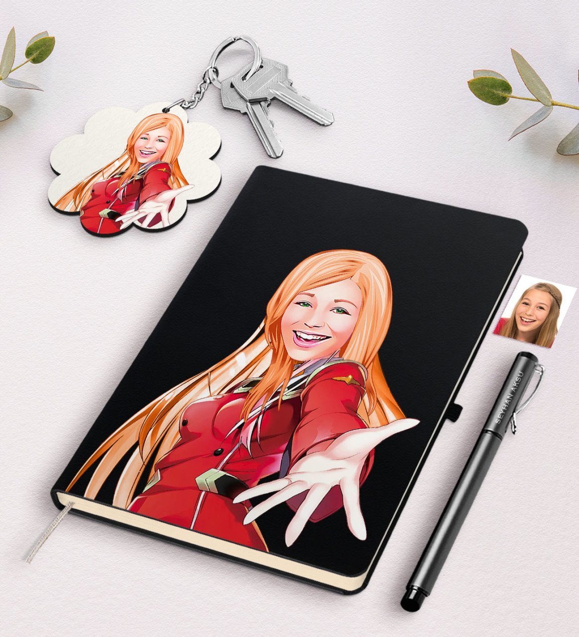 Kişiye Özel Bayan Karikatürlü Siyah Defter Kalem Ve Anahtarlık Hediye Seti-34