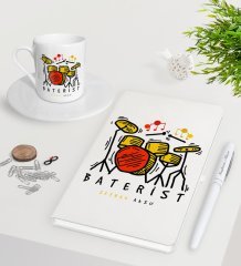 Kişiye Özel Baterist Beyaz Defter Kalem Türk Kahvesi Fincanı Seti-2
