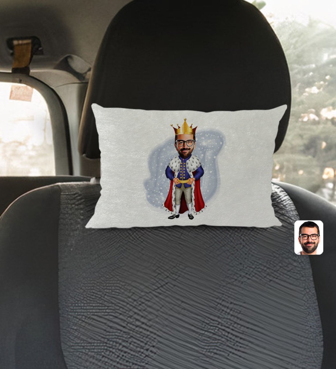 Kişiye Özel Kral Karikatürlü Dikdörtgen Araç Koltuk Yastığı-1