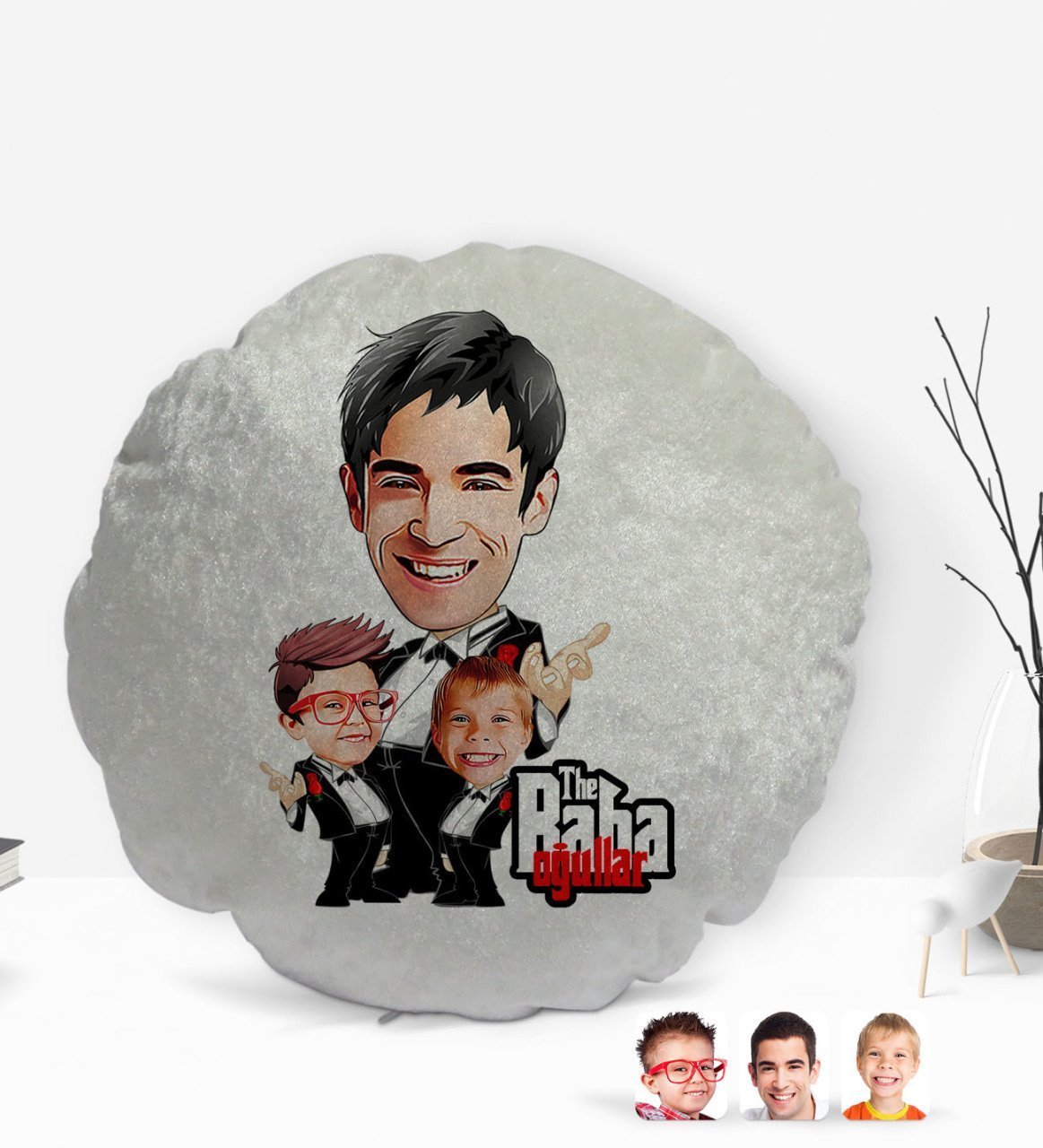 Kişiye Özel Godfather Baba Oğullar Karikatürlü Yuvarlak Dekoratif Kırlent Yastık-1