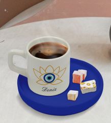 Kişiye Özel Mavi Sunum Tabaklı Nazar Boncuğu Temalı Türk Kahvesi Fincanı - 13, Arkadaşa Hediye, Doğum Günü Hediyesi