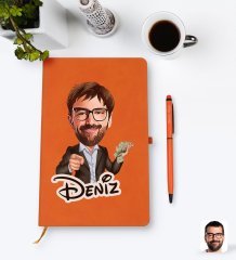 Kişiye Özel Erkek Milyoner Karikatürlü Turuncu Termo Deri Defter Kalem Seti Model 1