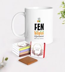 Kişiye Özel Fen Bilgisi Öğretmeni Beyaz Kupa ve Çikolata Hediye Seti