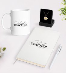 Kişiye Özel En İyi Öğretmen Beyaz Kupa Defter Kalem ve İsimli Papatya Kolye Hediye Seti-17