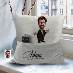 BK Gift Kişiye Özel Avukat Karikatür Tasarımlı Organizer Kumanda ve Atıştırmalık Cepli Gri Kırlent Yastık- 6 Arkadaşa Hediye, Cepli Yastık