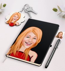 Kişiye Özel Bayan Karikatürlü Siyah Defter Kalem Ve Anahtarlık Hediye Seti-33