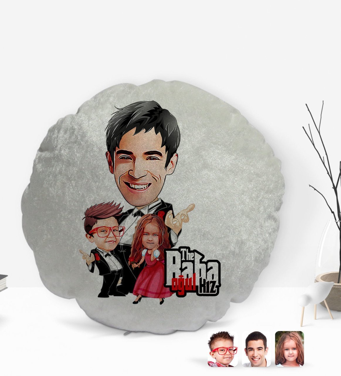 Kişiye Özel Godfather Baba Kız Oğul Karikatürlü Yuvarlak Dekoratif Kırlent Yastık-1