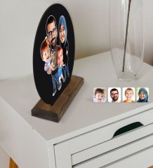 Kişiye Özel Tesettürlü Aile Karikatürlü Yuvarlak Ahşap Biblo-3