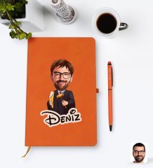 Kişiye Özel Erkek Hakim Karikatürlü Turuncu Termo Deri Defter Kalem Seti Model 1