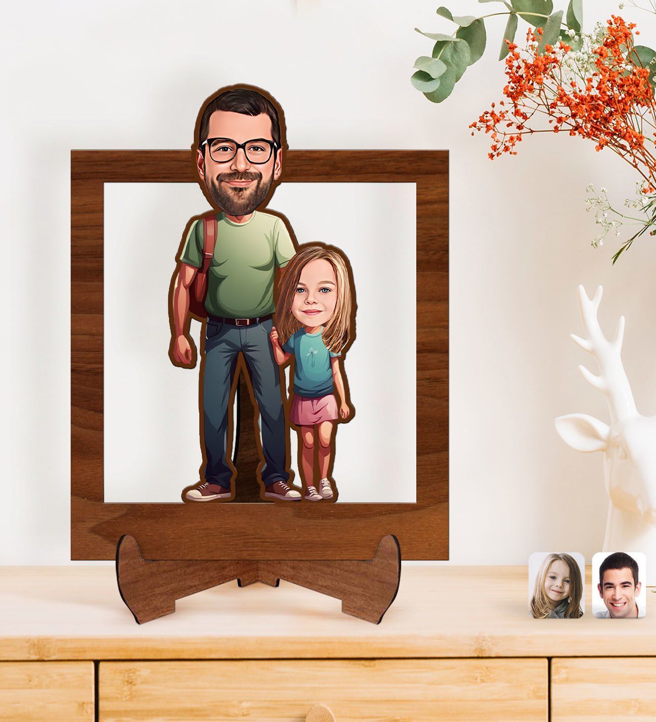 BK Gift Kişiye Özel Baba-Kız Karikatürlü Ahşap 3D Standlı Biblo-1, Babalar Günü Hediyesi, Babaya Hediye