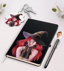 Kişiye Özel Bayan Cadı Karikatürlü Siyah Defter Kalem Ve Anahtarlık Hediye Seti-2