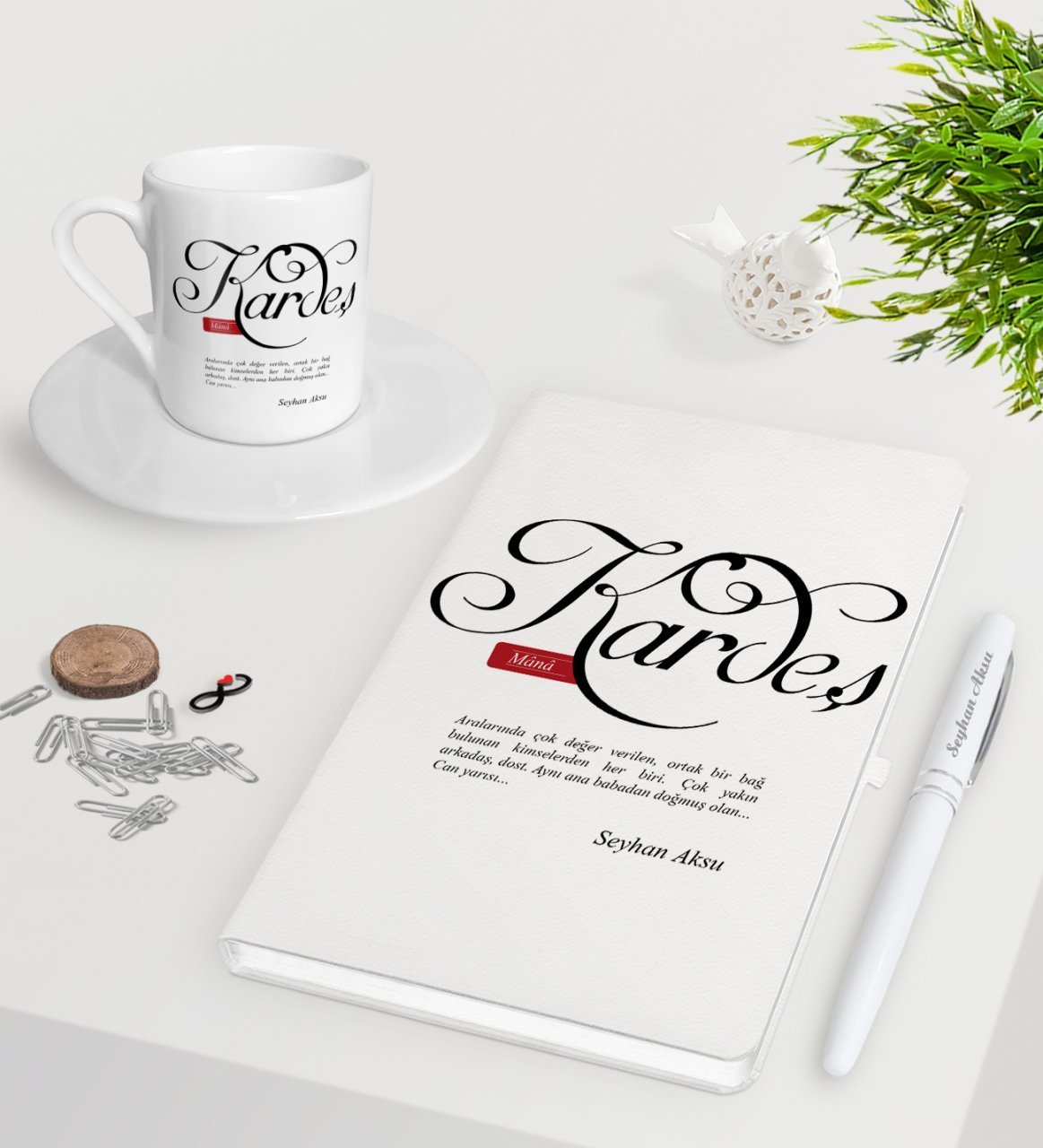 Kişiye Özel Mânâ Kardeş Beyaz Defter Kalem Türk Kahvesi Fincanı Seti-1