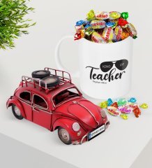 Kişiye Özel Öğretmenin Kralı Plakalı Nostaljik Kırmızı Metal Vosvos ve Kupa Haribo Şeker Seti-1