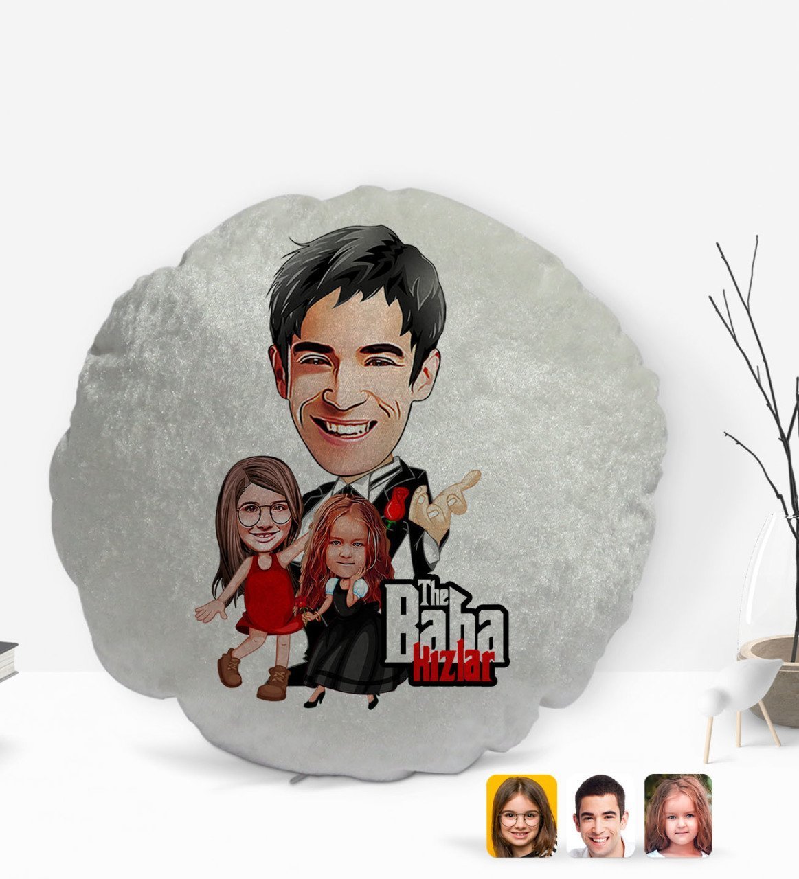 Kişiye Özel Godfather Baba Kızlar Karikatürlü Yuvarlak Dekoratif Kırlent Yastık-1