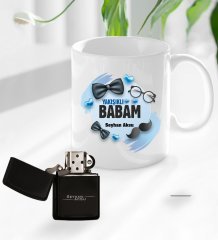 Kişiye Özel Babalar Günü Hediyesi Yakışıklı Babam Tasarımlı Kupa Bardak ve Benzinli Çakmak Seti-1