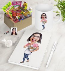 Kişiye Özel Ev Hanımı Karikatürlü Nostaljik Lezzetler Defter Kalem Kupa Hediye Seti-3