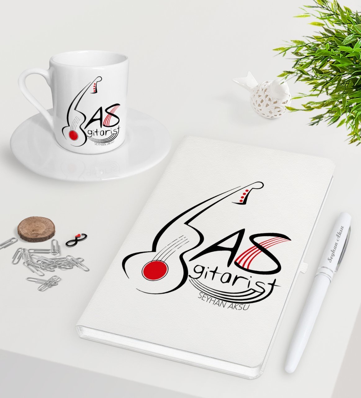 Kişiye Özel Bas Gitarist Beyaz Defter Kalem Türk Kahvesi Fincanı Seti-1