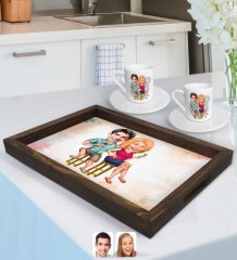Kişiye Özel Sevgililer Karikatürlü Doğal Ahşap Tepsi ve 2’li Kahve Fincan Seti-51