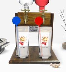 Kişiye Özel Renkli Baskılı Alanya Tasarımlı Turistik İkili Vodka Bardağı ve Çift Musluklu Doğal Ahşap Vodka Standı-1