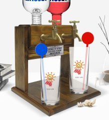 Kişiye Özel Renkli Baskılı Alanya Tasarımlı Turistik İkili Vodka Bardağı ve Çift Musluklu Doğal Ahşap Vodka Standı-1