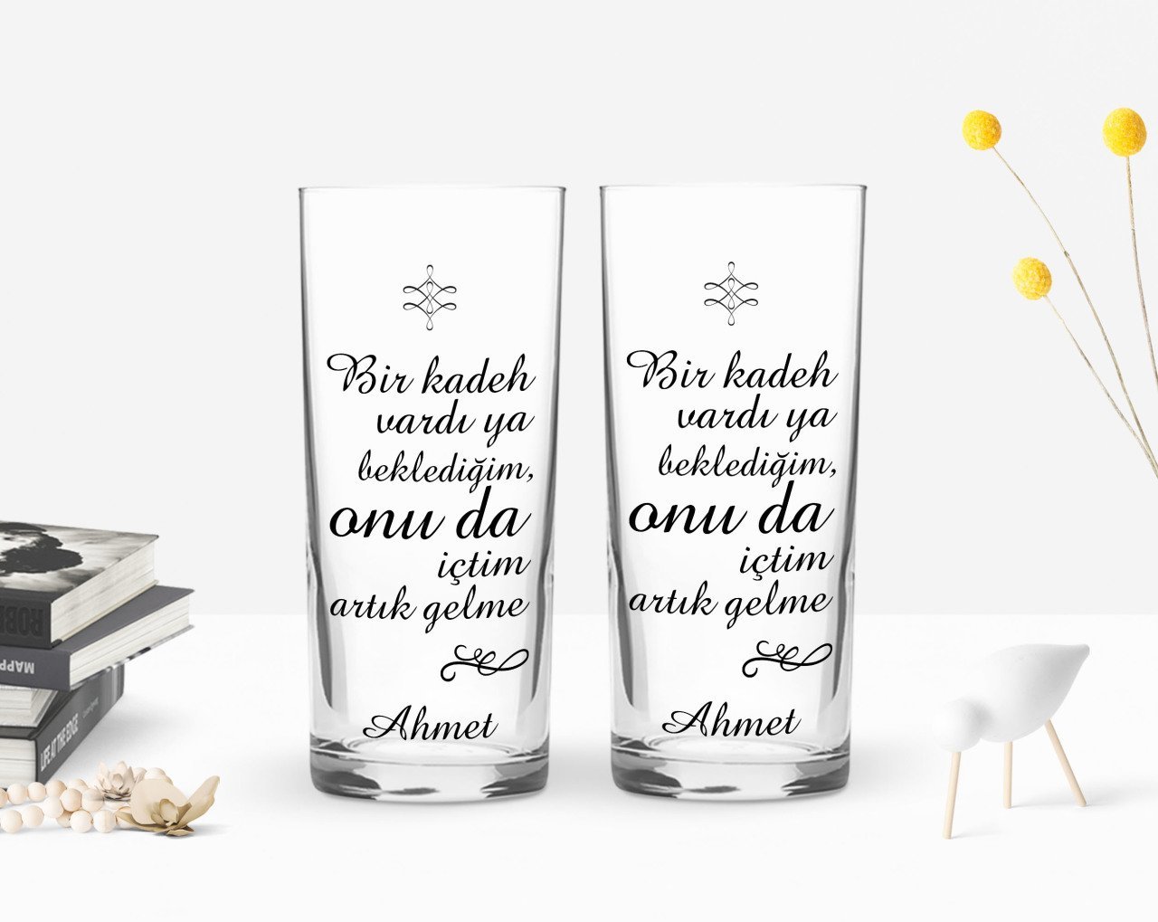 Kişiye Özel Renkli Baskılı Bir Kadeh Vardı Ya Beklediğim Tasarımlı İkili Rakı Bardağı Seti-1