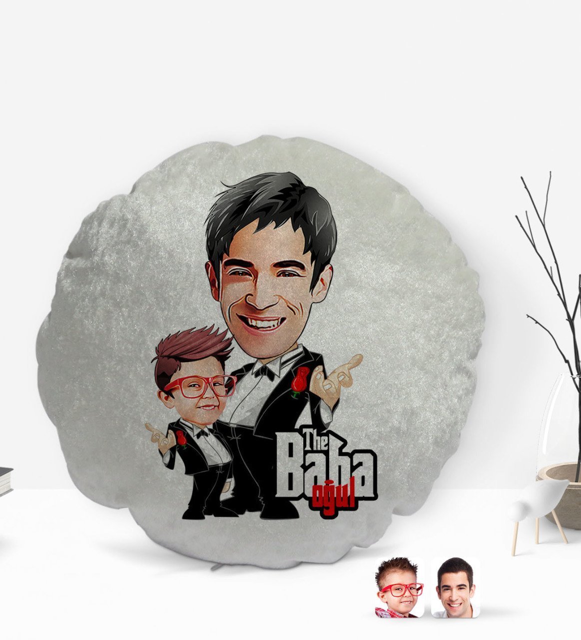 Kişiye Özel Godfather Baba Oğul Karikatürlü Yuvarlak Dekoratif Kırlent Yastık-1