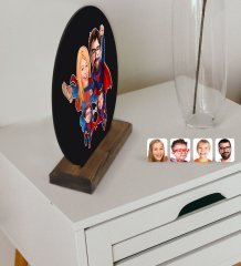 Kişiye Özel Süper Aile Karikatürlü Yuvarlak Ahşap Biblo-2
